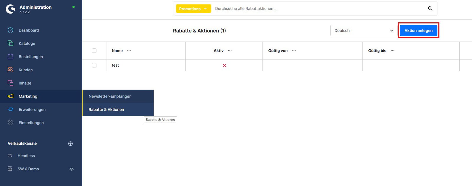 Aktionen in Shopware 6 - Schritt 1: Unter Rabatte & Aktionen eine neue Aktion anlegen