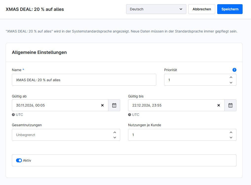 Shopware 6 Aktionen - Schritt 2: Aktion einen Namen und Gültigkeitszeitraum geben und speichern