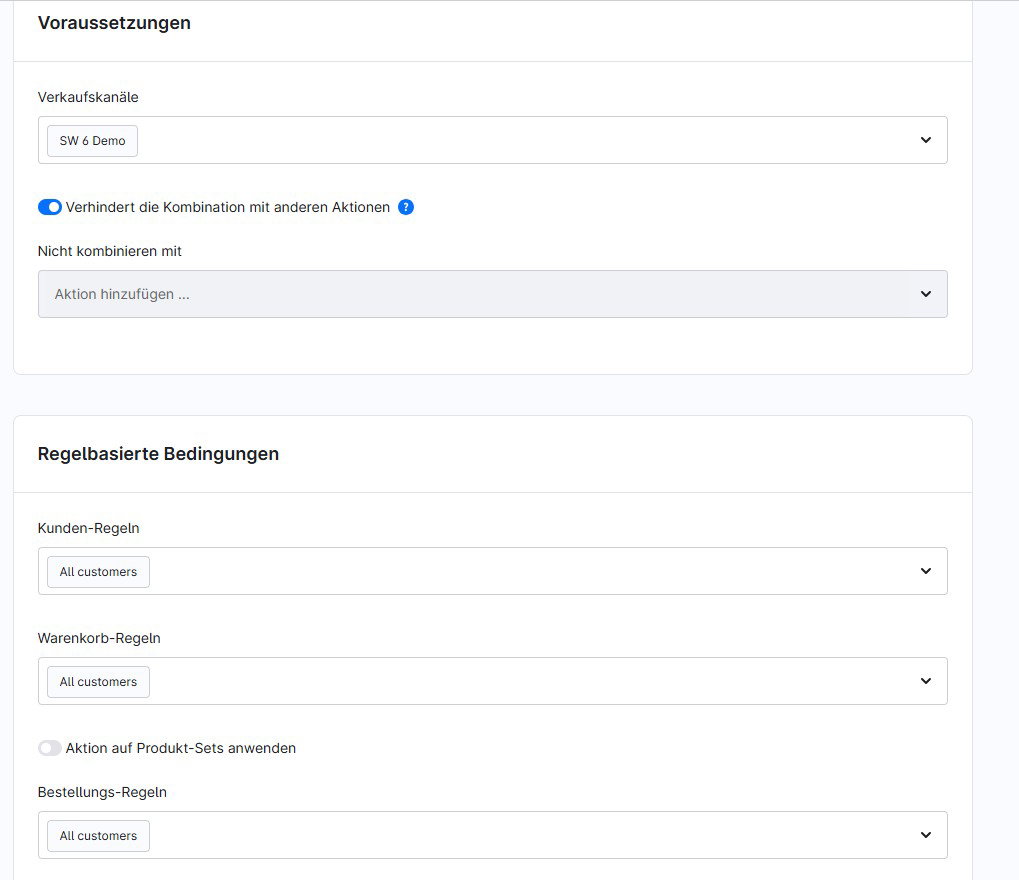 Shopware 6 Aktionen - Schritt 4: Verkaufskanal & bedingungen festlegen