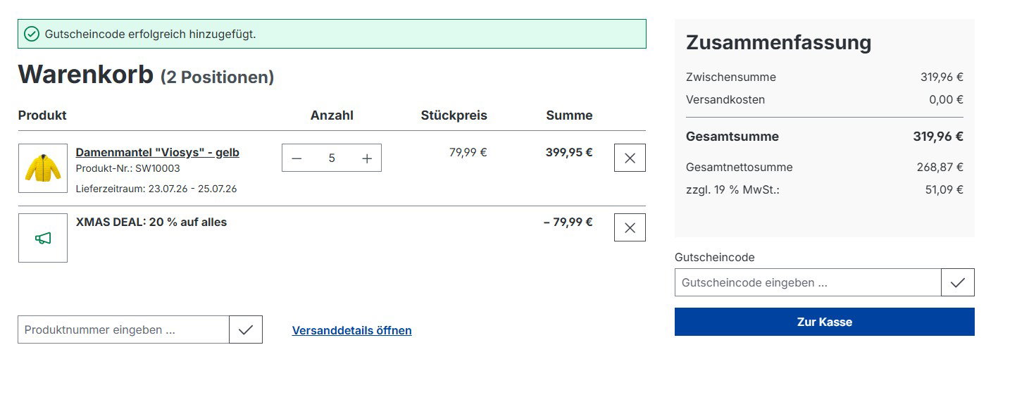 Shopware 6 Aktionen - Gutschein wurde im Warenkorb als Extra-Position hinzugefügt